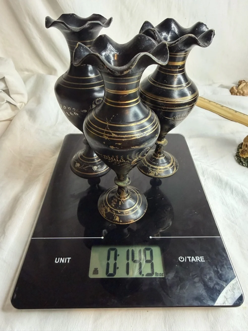 Vintage Hand-Etched Brass Bud Vases - Set of 3